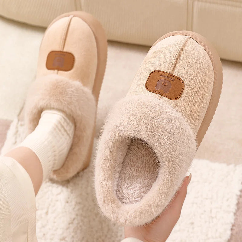 Plush cotton winter slippers bottom view showing cushioned anti-slip sole