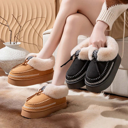 Fluffy platform slippers women in brown and black with fur trim, ideal for cozy winter comfort and style.