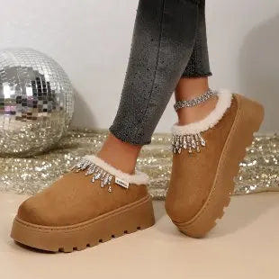 Rhinestone Platform Slippers – Plush Warm Cotton Shoes EvaCozy™
