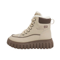 Beige winter boot with brown sole on a white background