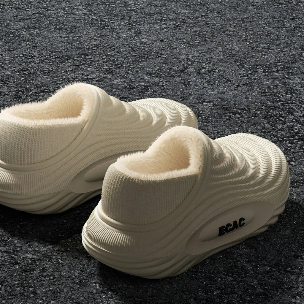 Side view of fur lined winter slippers showing waterproof EVA construction