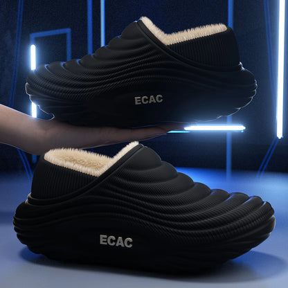 Person wearing fur lined winter slippers walking outdoors in snow and cold