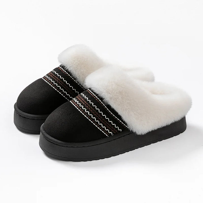Soft fuzzy plush slippers showing comfortable interior lining