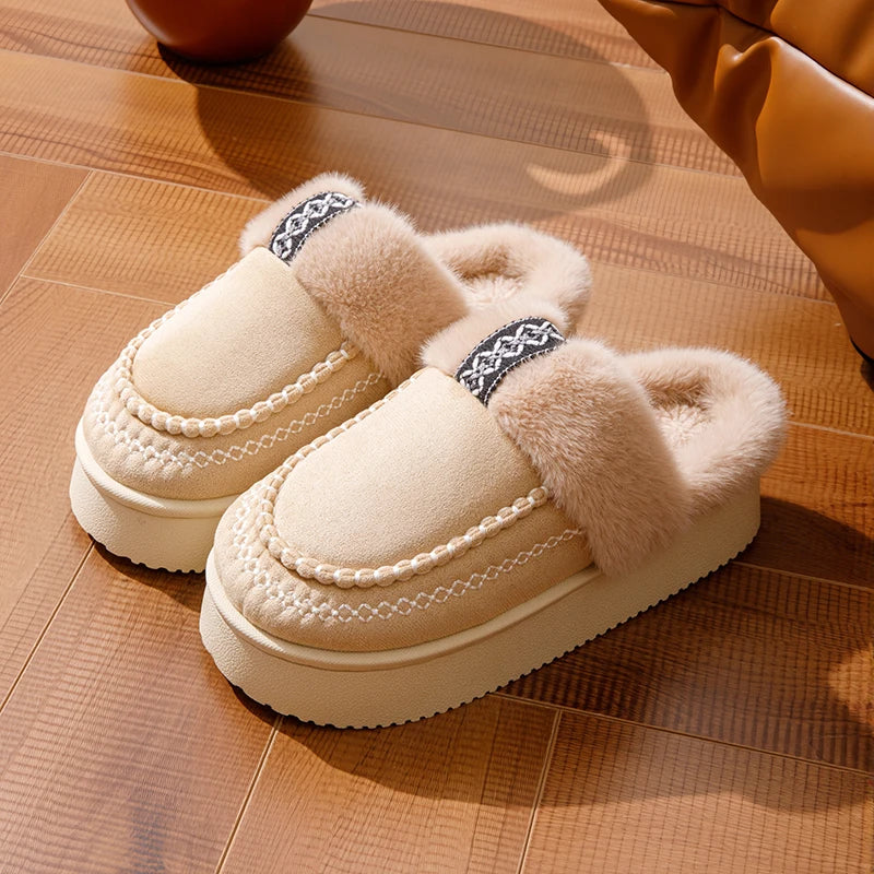Fluffy platform slippers styled with loungewear for designer home fashion look