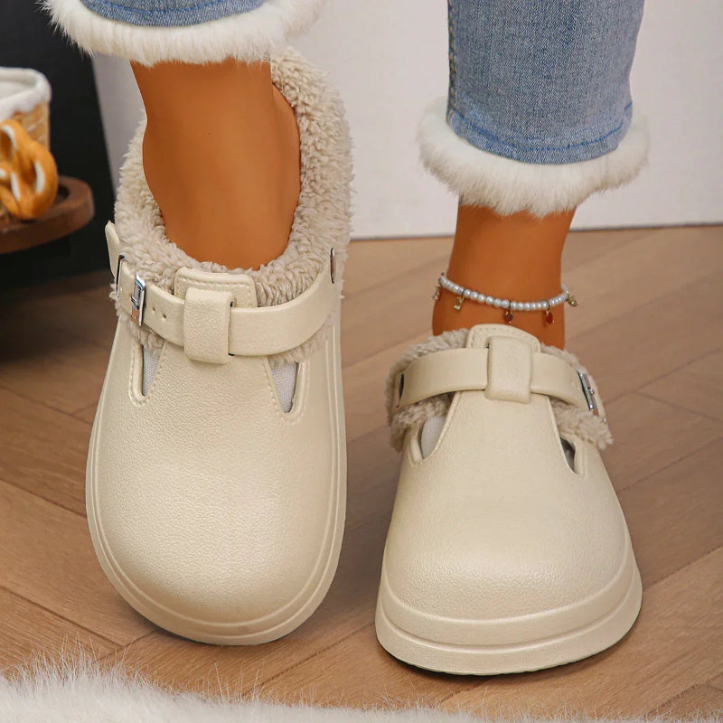 Waterproof furry mules with water-resistant shell and soft plush lining