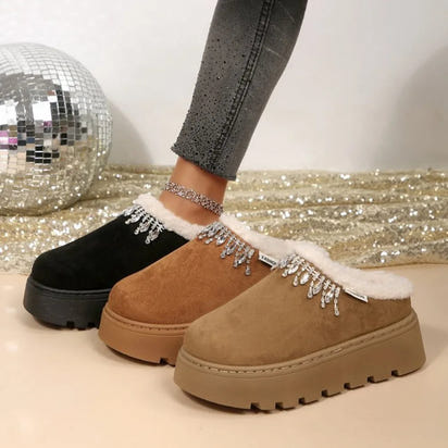Rhinestone Platform Slippers – Plush Warm Cotton Shoes EvaCozy™