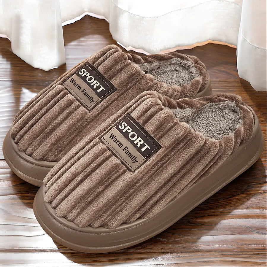 Soft flannel striped pattern detail on memory foam slippers men