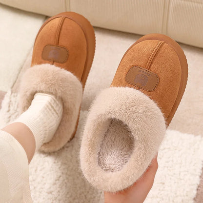 Close-up of plush cotton winter slippers ultra-plush natural cotton interior