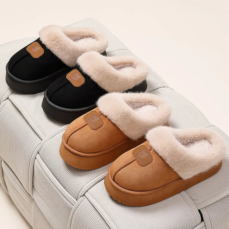Plush cotton winter slippers side view with breathable natural fiber design