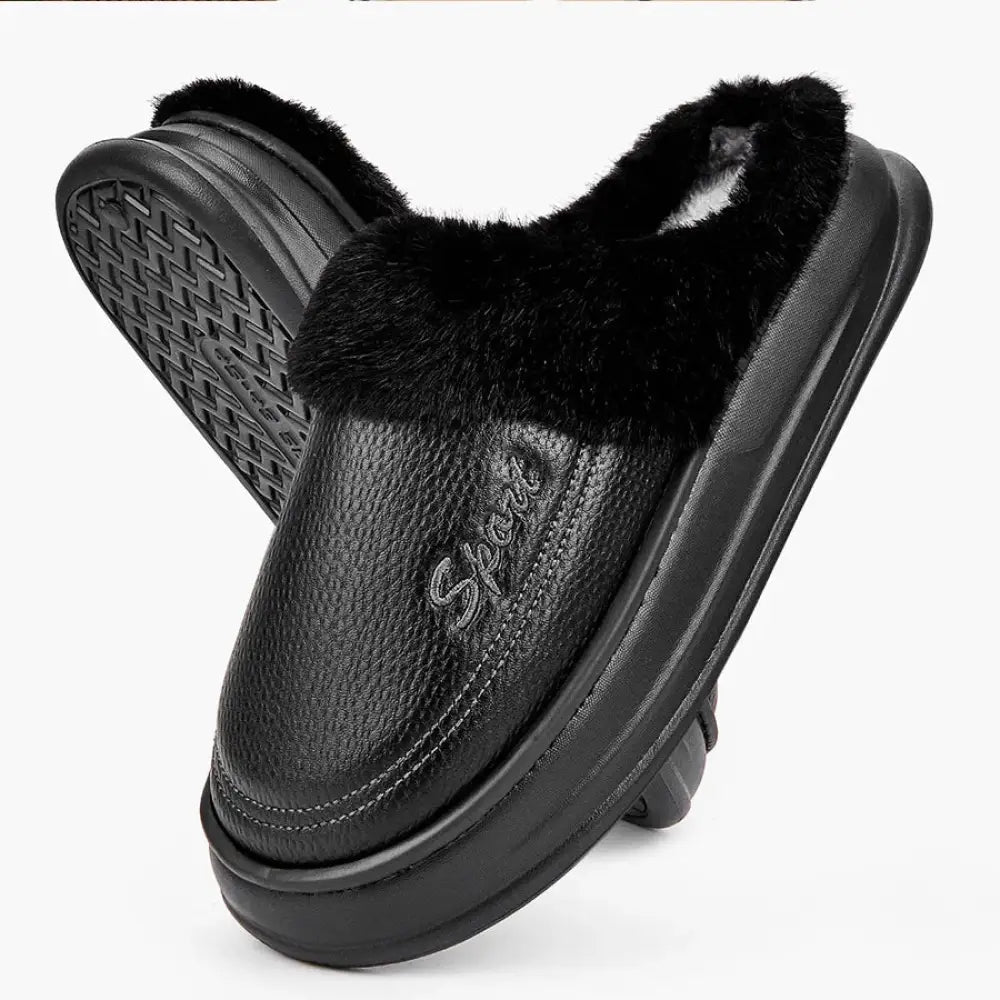 Men's Furry EVA Platform Slippers Leather Memory Foam | EvaCozy