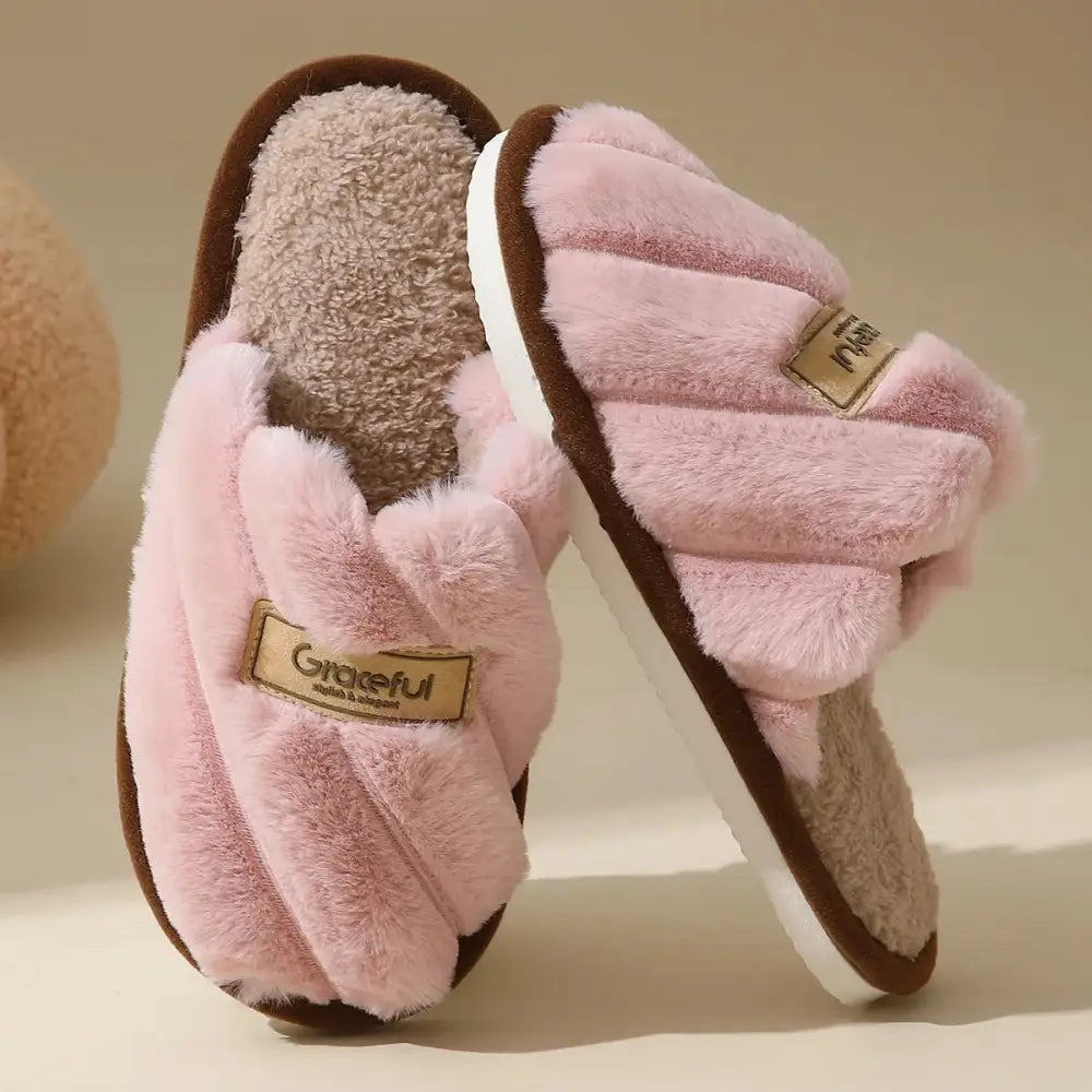 Pink fluffy slippers with flat heel, solid color, and lightweight cushioned sole