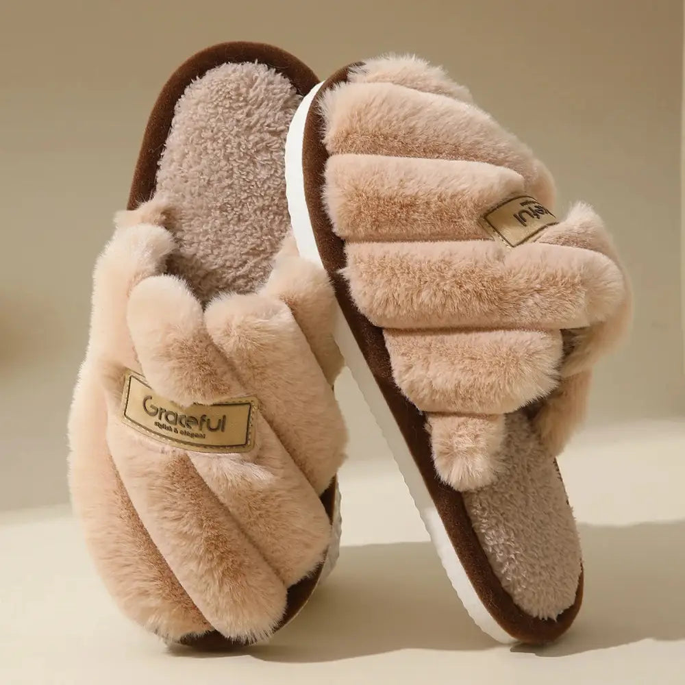 Beige fuzzy slippers with brown trim, flat heel, solid color, lightweight cushioned sole