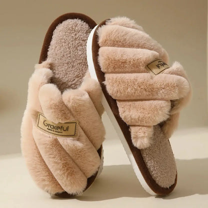 Beige fuzzy slippers with brown trim, flat heel, solid color, lightweight cushioned sole