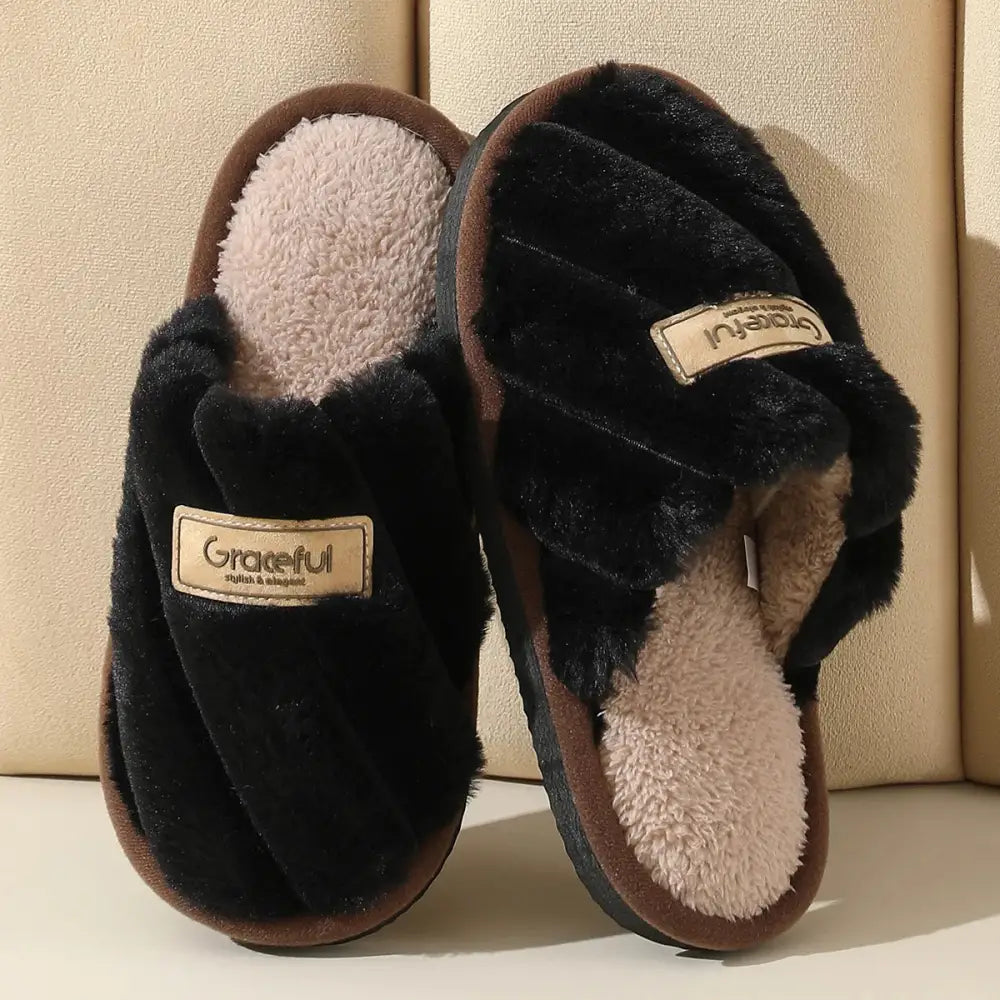 Black Grateful plush slippers with flat heel, solid color, lightweight cushioned sole