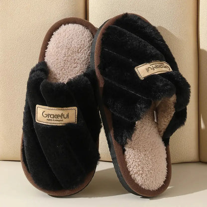 Black Grateful plush slippers with flat heel, solid color, lightweight cushioned sole