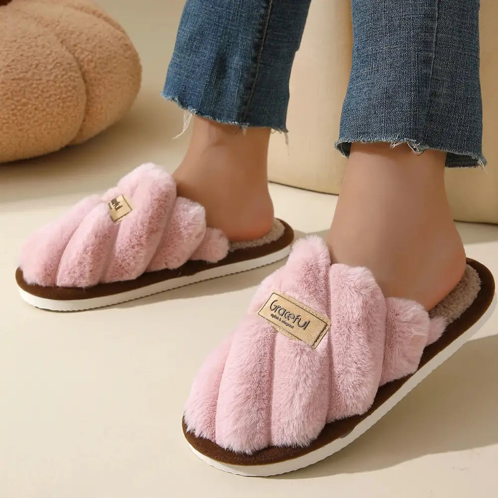 Pink fluffy slippers with lightweight cushioned sole, flat heel, solid color, grateful label