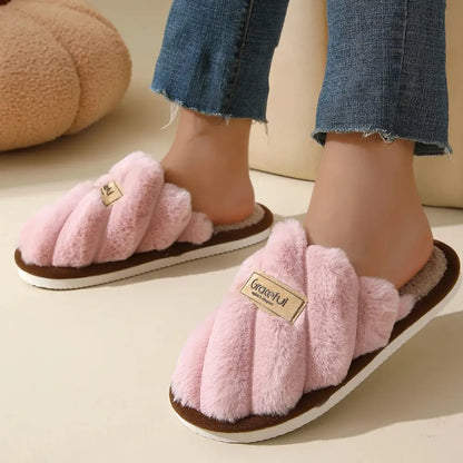 Pink fluffy slippers with lightweight cushioned sole, flat heel, solid color, grateful label