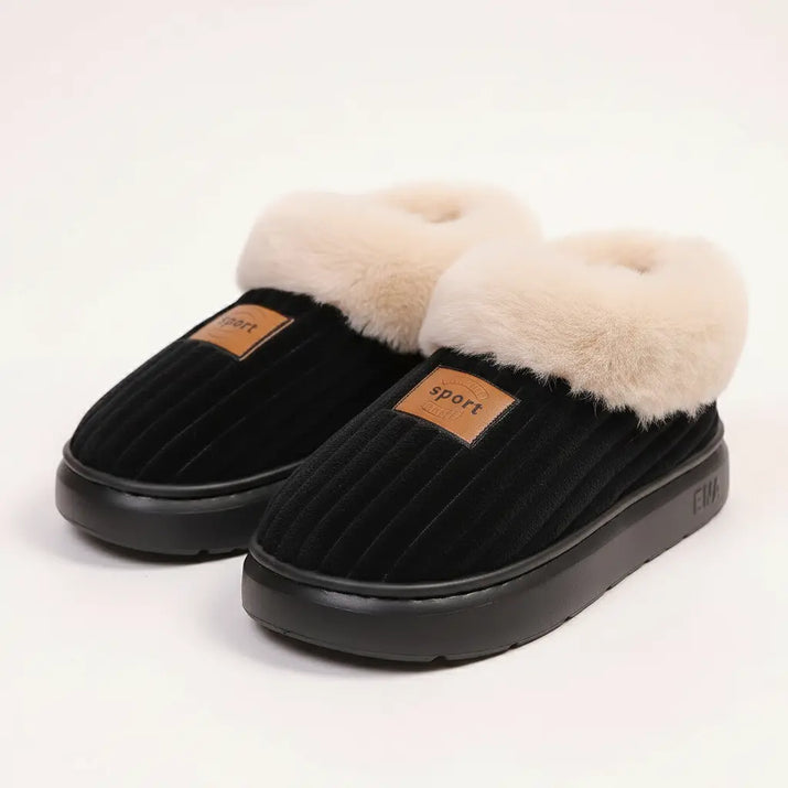 Close-up of EvaCozy warm house slippers showing premium plush texture and comfort