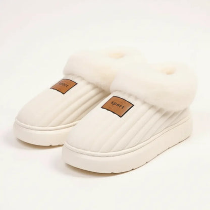 Beige plush winter slippers with ultra-soft synthetic fur interior